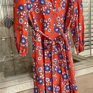 Women's Orange Floral Tie-Waist Dress